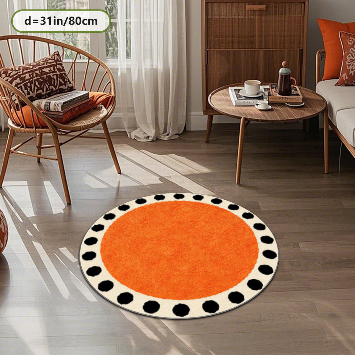 Tapis rond orange vif cerclé de gros pois noirs, 4 tailles