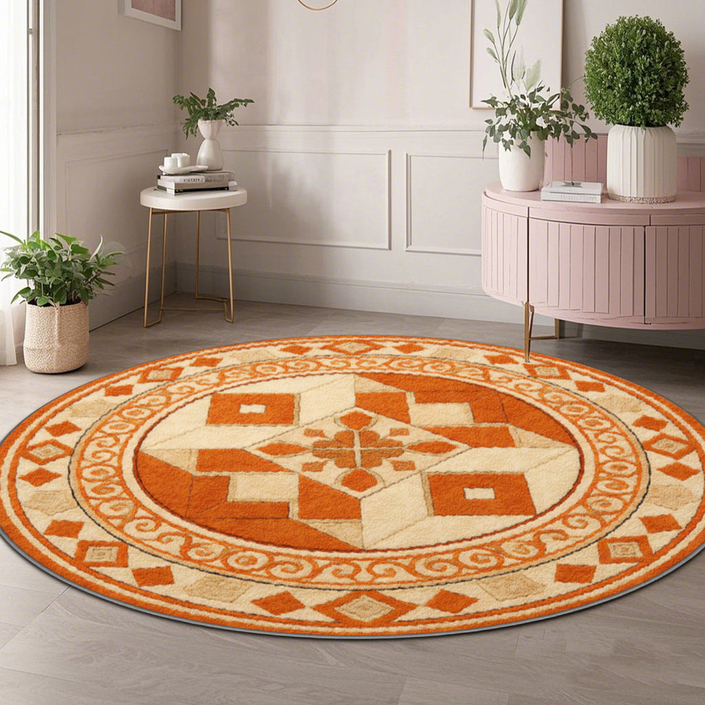 Tapis rond oriental à médaillon orange, dos caoutchouc à pois