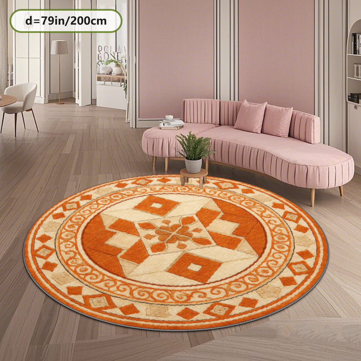 Tapis rond oriental à médaillon orange, dos caoutchouc à pois