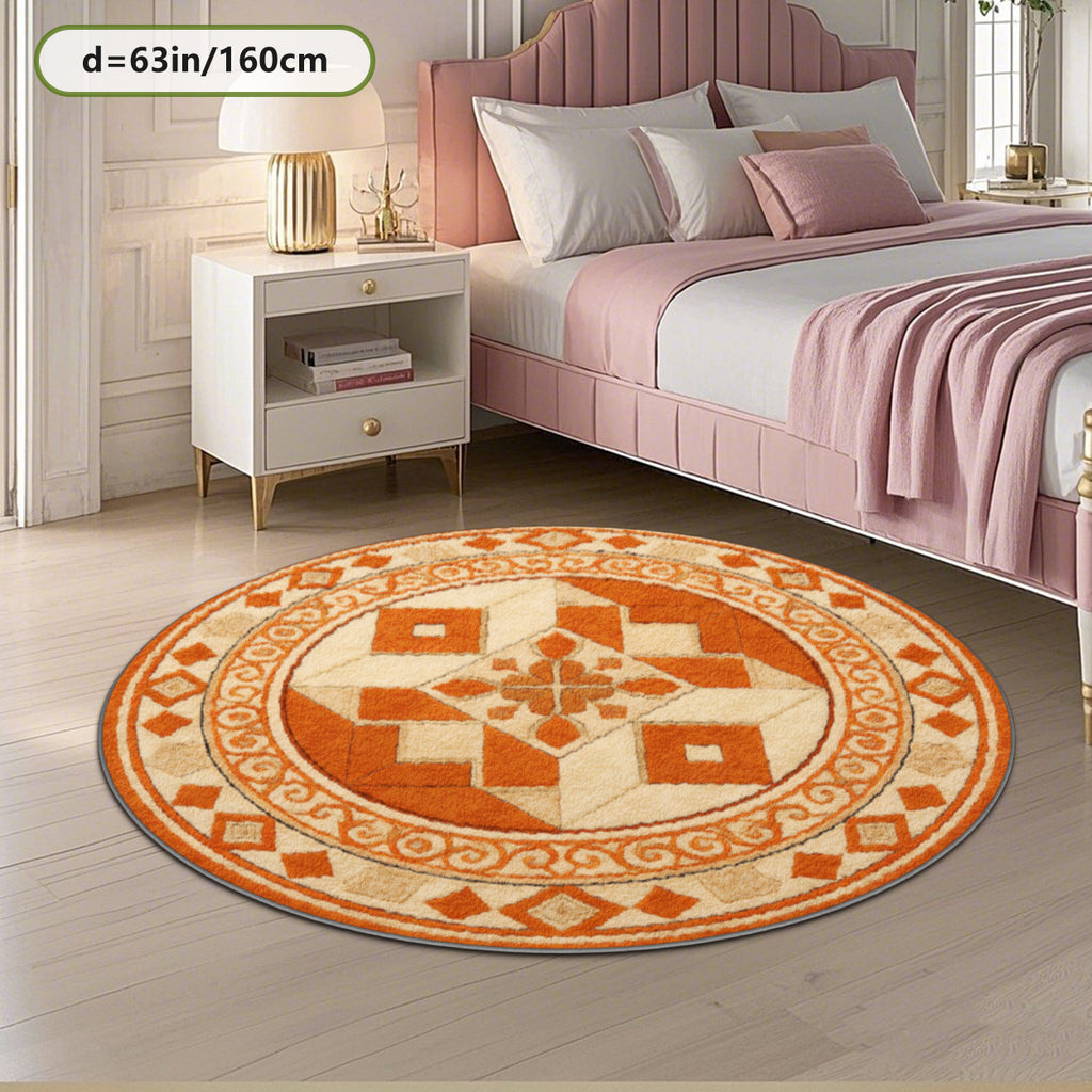 Tapis rond oriental à médaillon orange, dos caoutchouc à pois