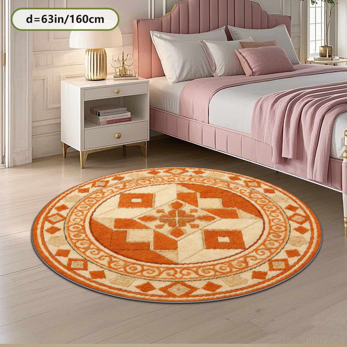 Tapis rond oriental à médaillon orange, dos caoutchouc à pois