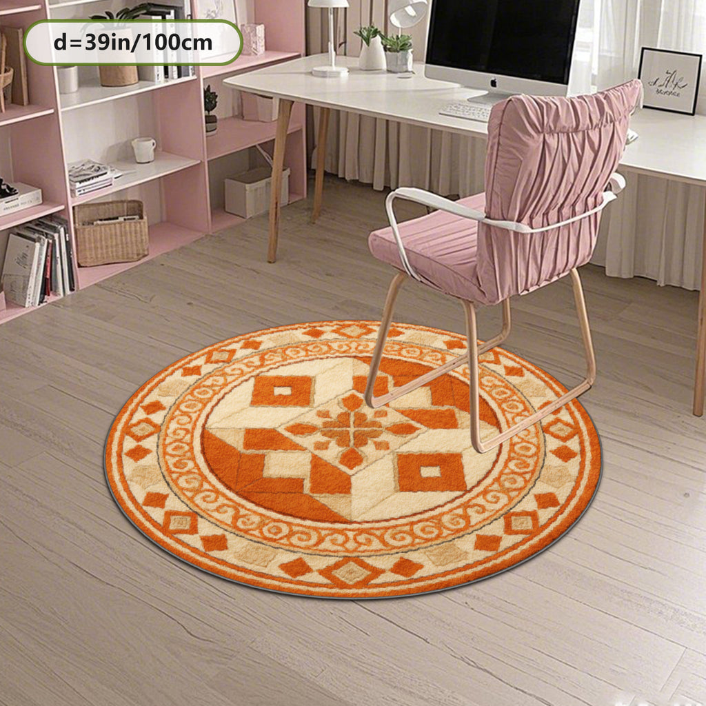 Tapis rond oriental à médaillon orange, dos caoutchouc à pois