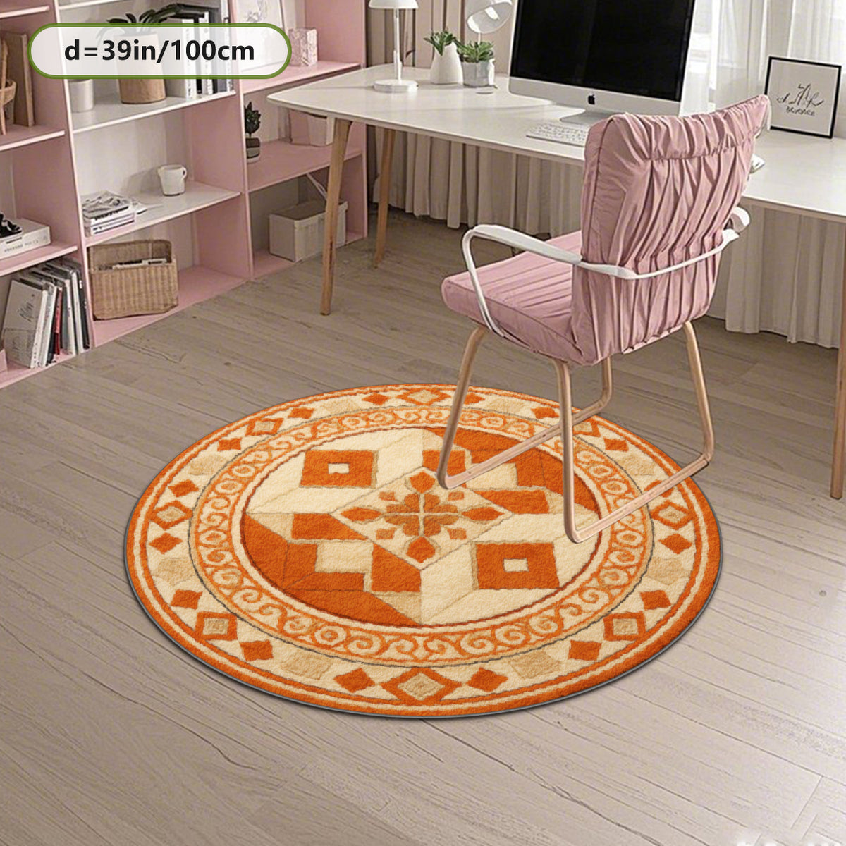 Tapis rond oriental à médaillon orange, dos caoutchouc à pois