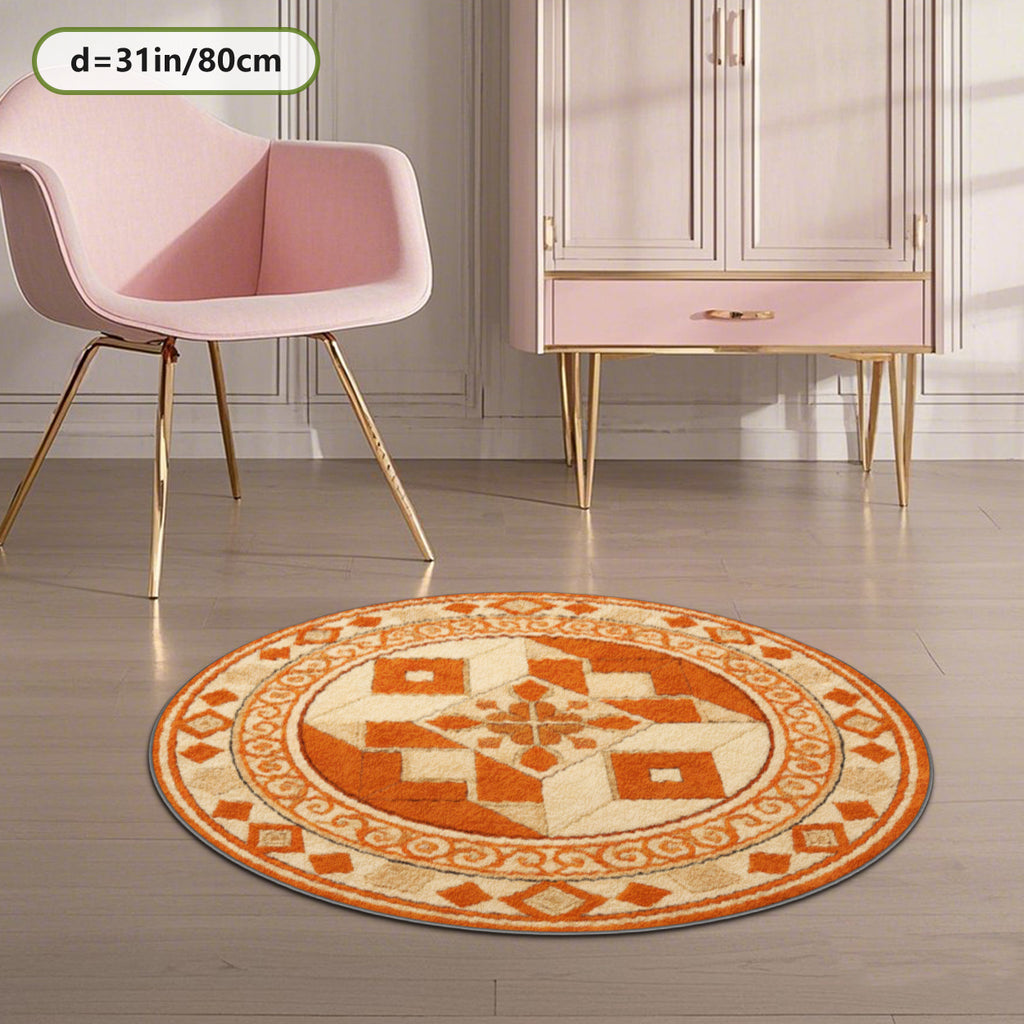 Tapis rond oriental à médaillon orange, dos caoutchouc à pois
