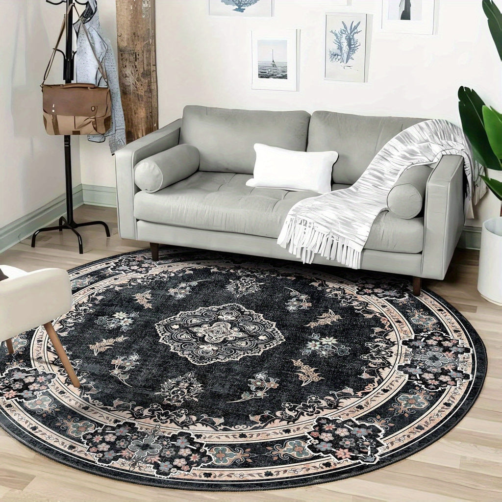 Tapis rond noir oriental, médaillon cachemire et fleurs
