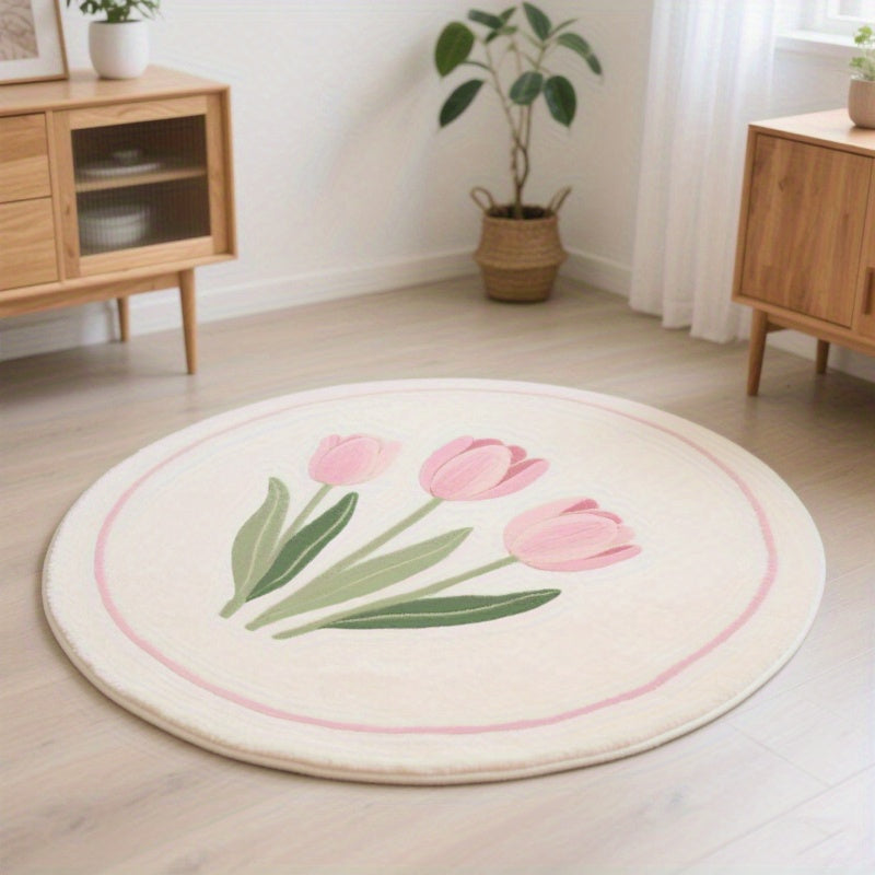 Tapis rond ou ovale crème à motif de tulipes, quatre formats
