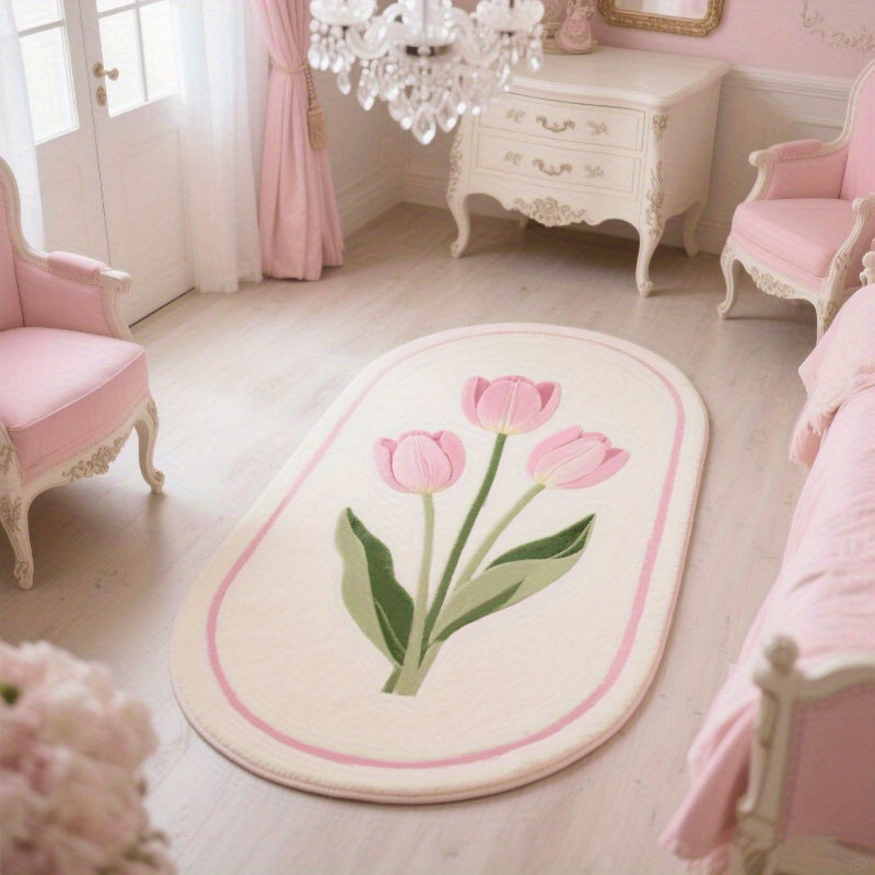 Tapis rond ou ovale crème à motif de tulipes, quatre formats