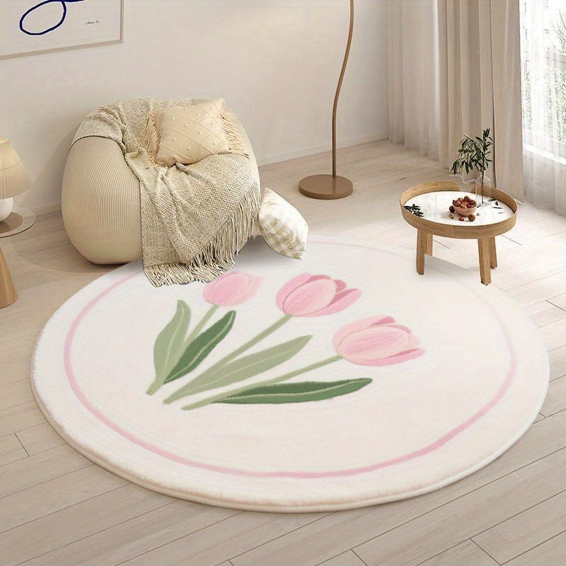 Tapis rond ou ovale crème à motif de tulipes, quatre formats