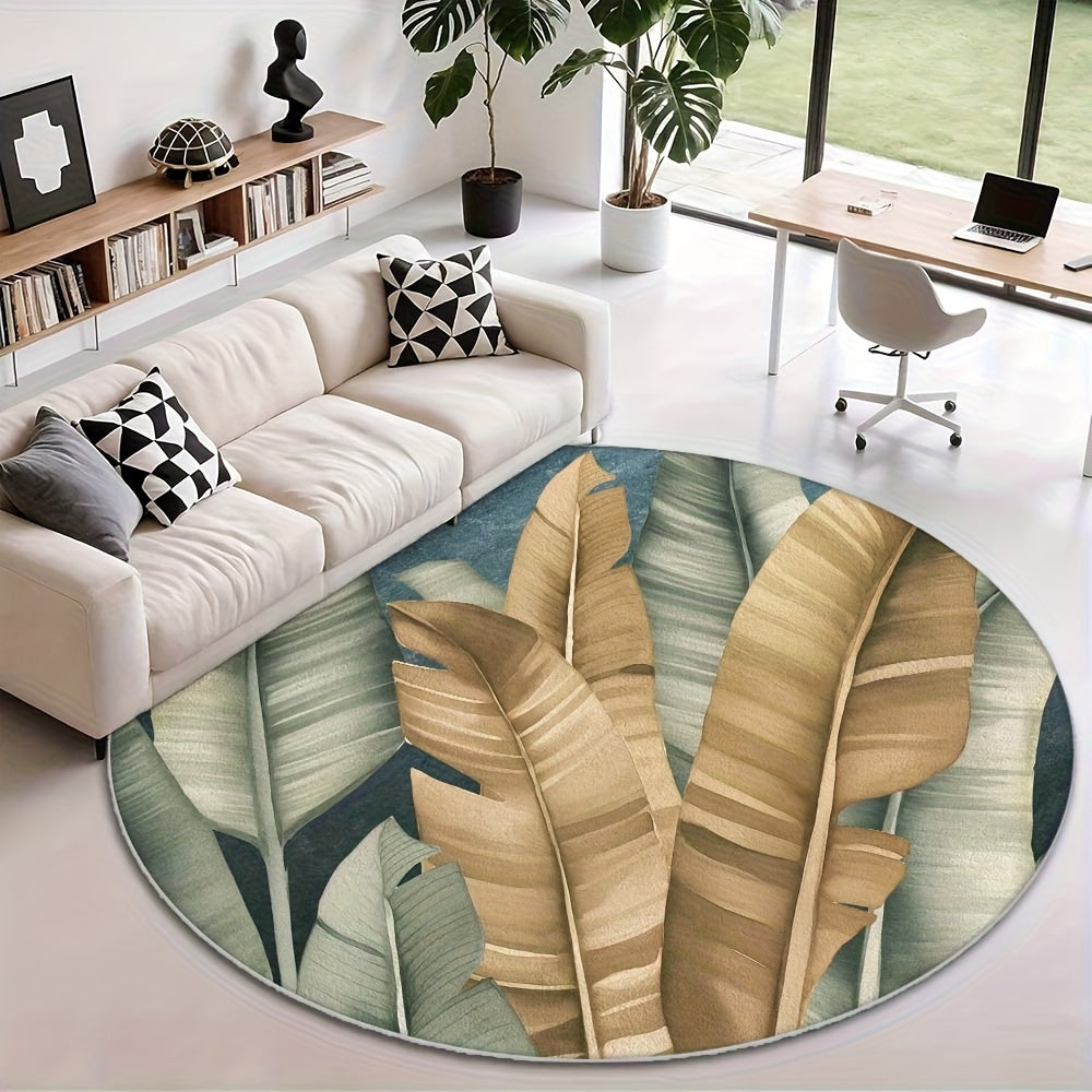 Tapis rond feuilles de bananier, fond bleu canard profond