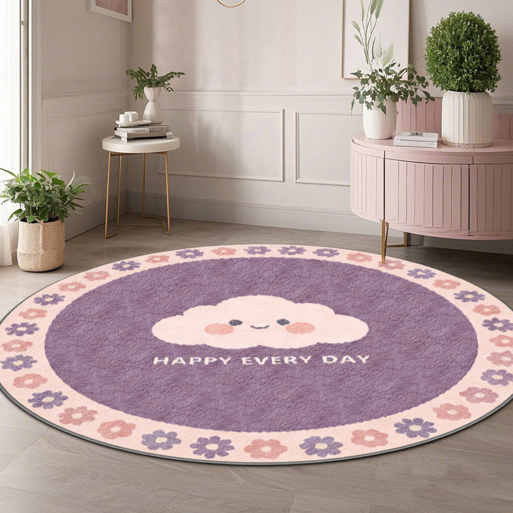 Tapis rond parme à nuage souriant et couronne de fleurs