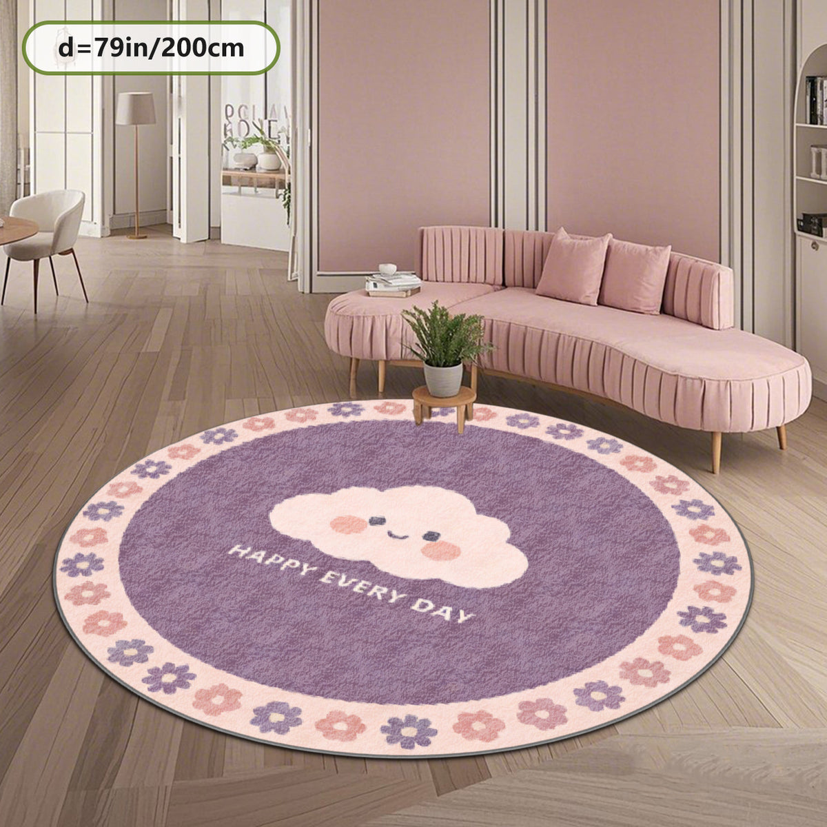 Tapis rond parme à nuage souriant et couronne de fleurs