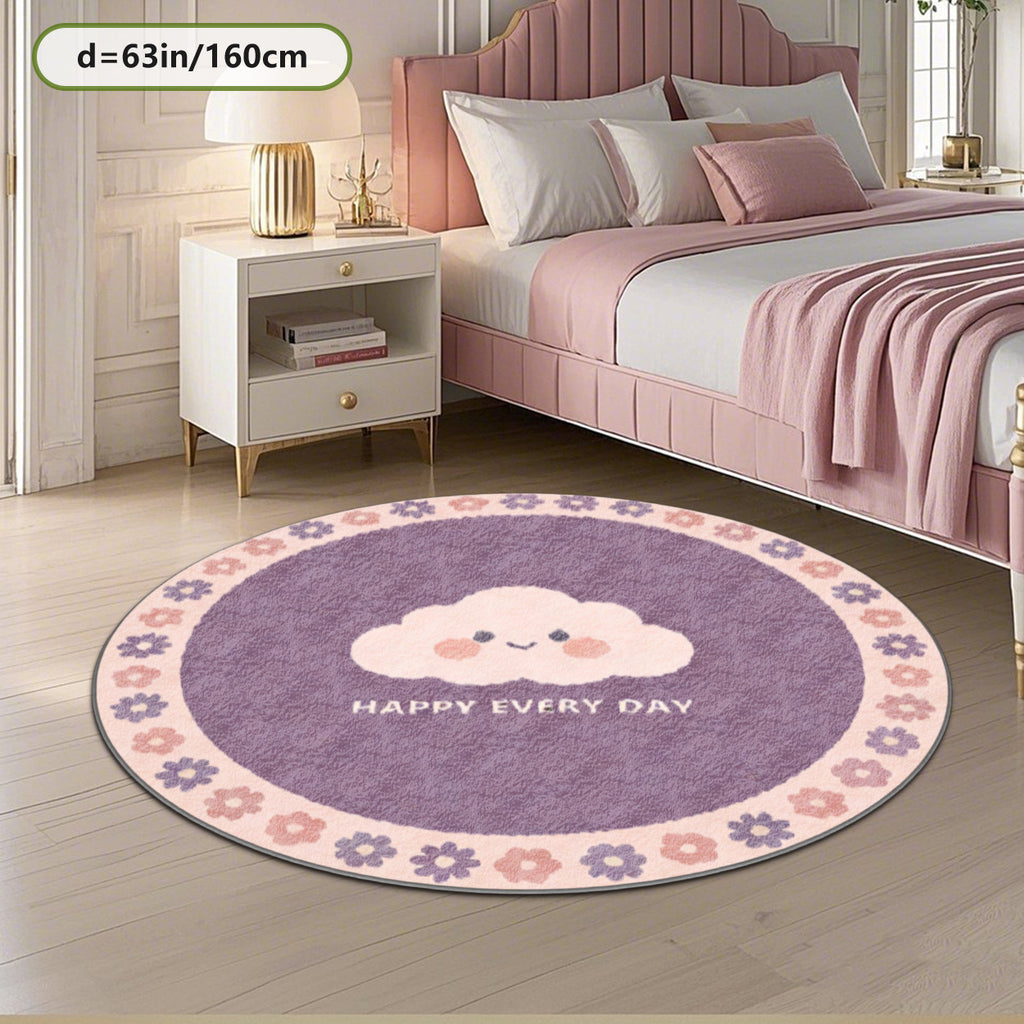 Tapis rond parme à nuage souriant et couronne de fleurs