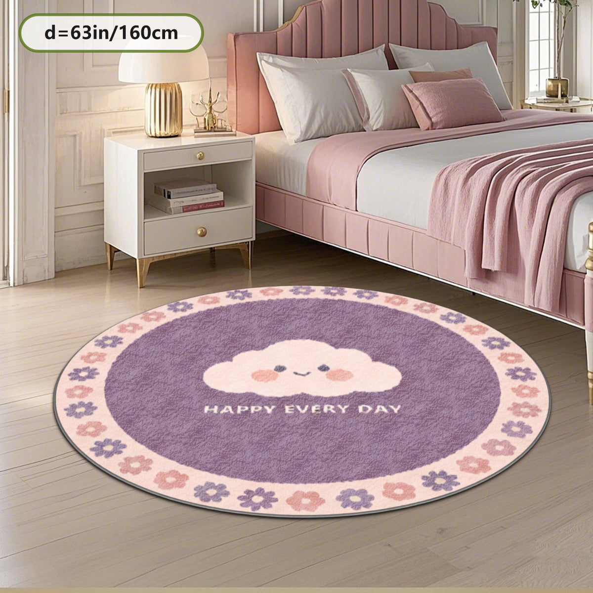 Tapis rond parme à nuage souriant et couronne de fleurs