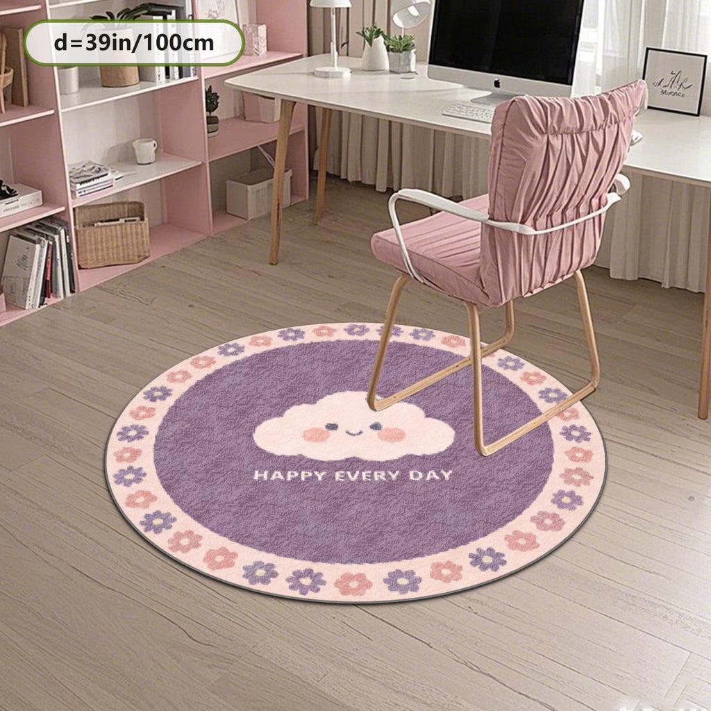 Tapis rond parme à nuage souriant et couronne de fleurs