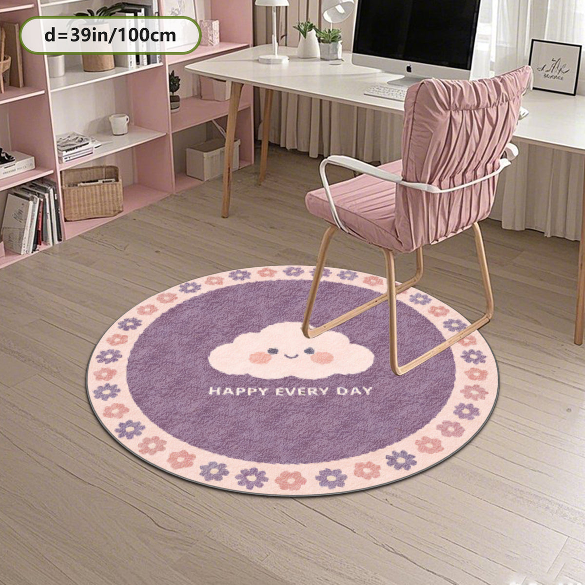 Tapis rond parme à nuage souriant et couronne de fleurs
