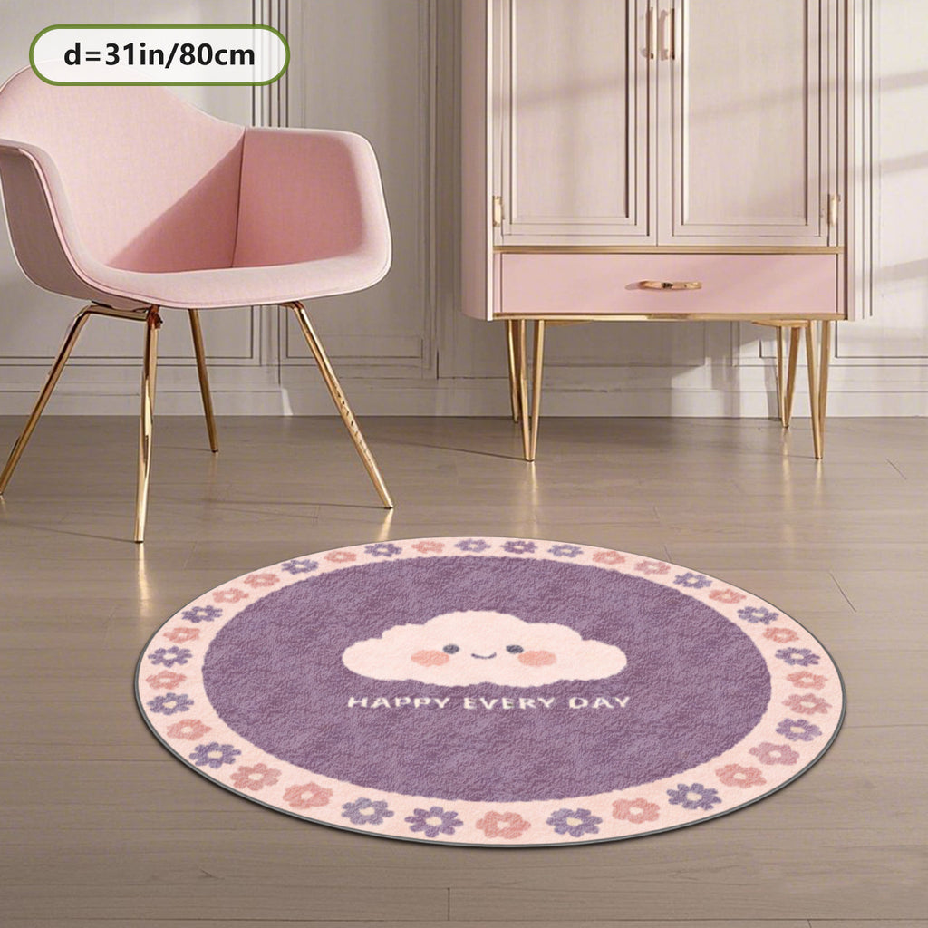 Tapis rond parme à nuage souriant et couronne de fleurs