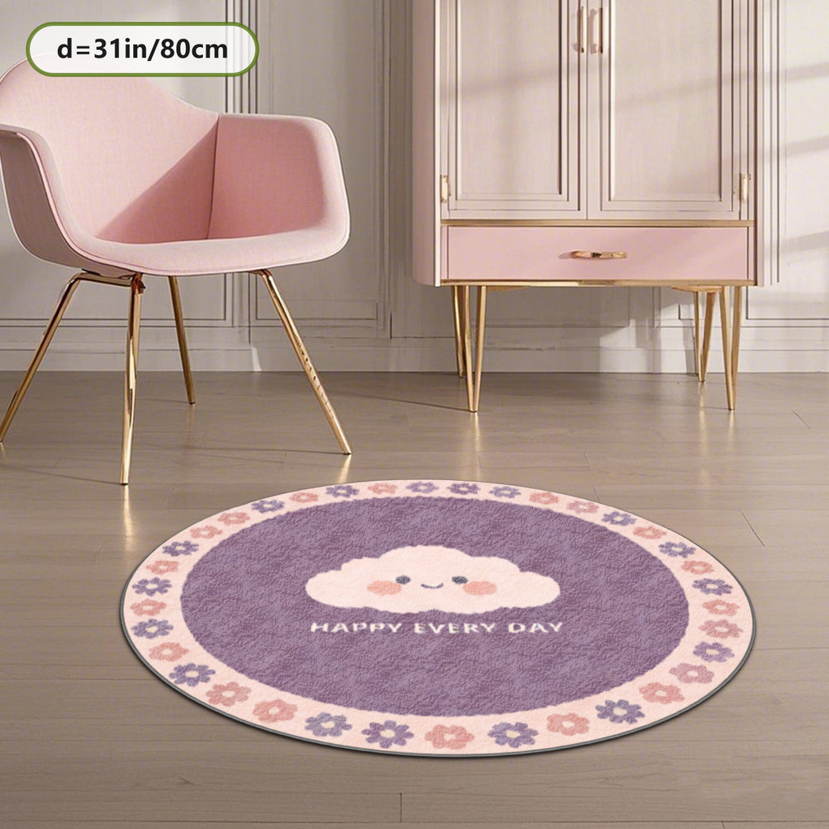Tapis rond parme à nuage souriant et couronne de fleurs
