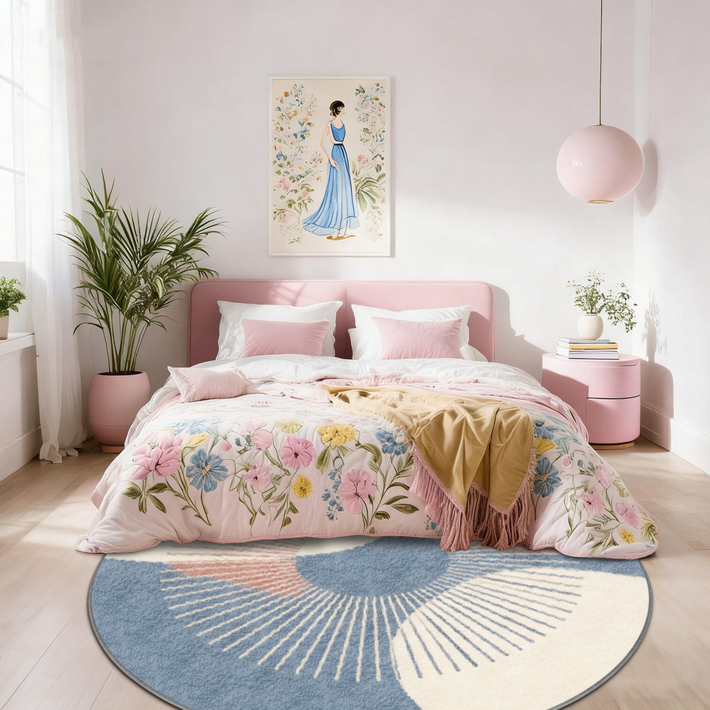 Tapis rond pastel à éventails, bleu gris et rose poudré