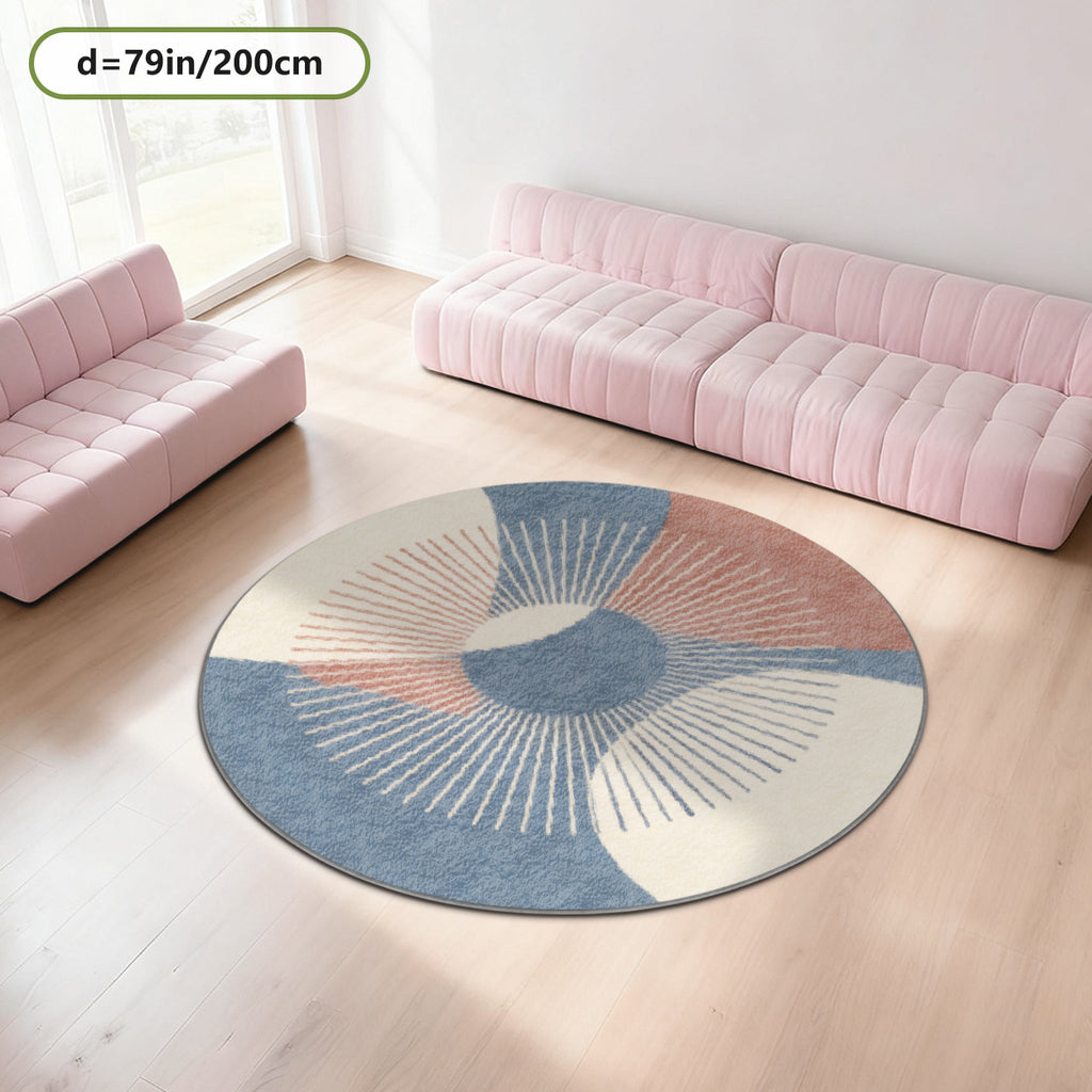 Tapis rond pastel à éventails, bleu gris et rose poudré