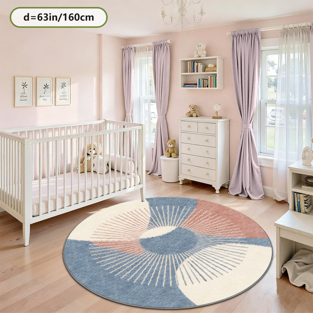 Tapis rond pastel à éventails, bleu gris et rose poudré