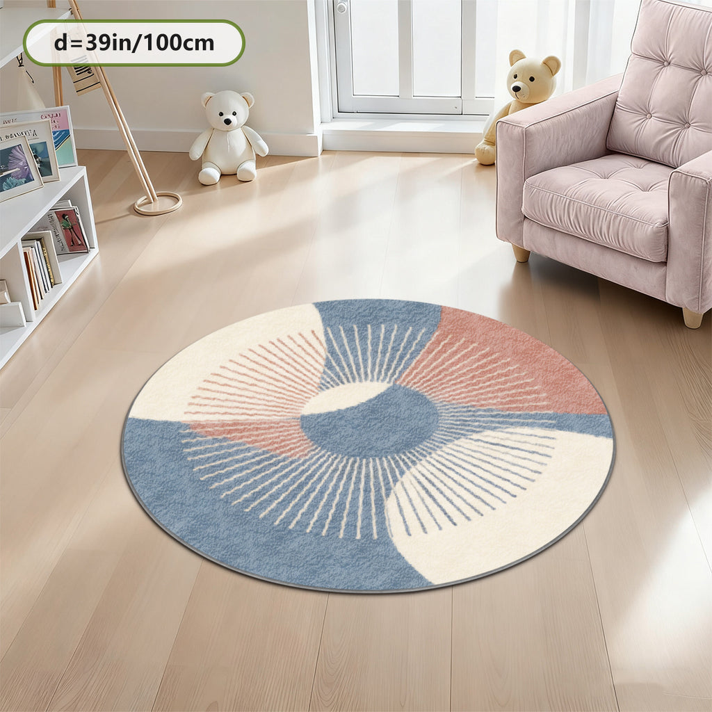 Tapis rond pastel à éventails, bleu gris et rose poudré