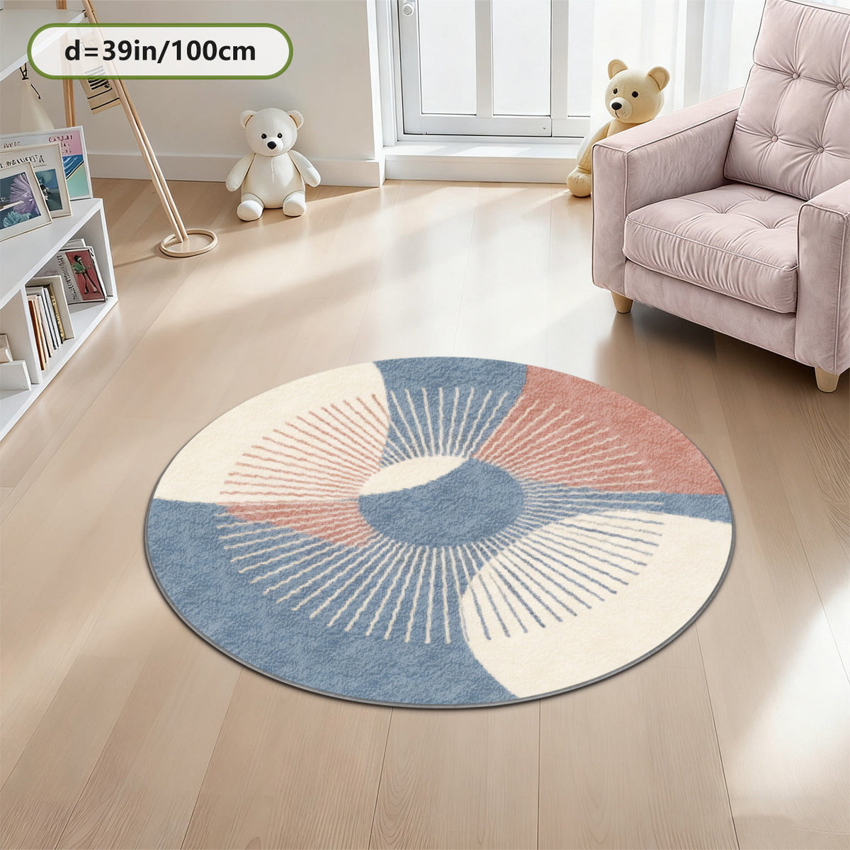 Tapis rond pastel à éventails, bleu gris et rose poudré