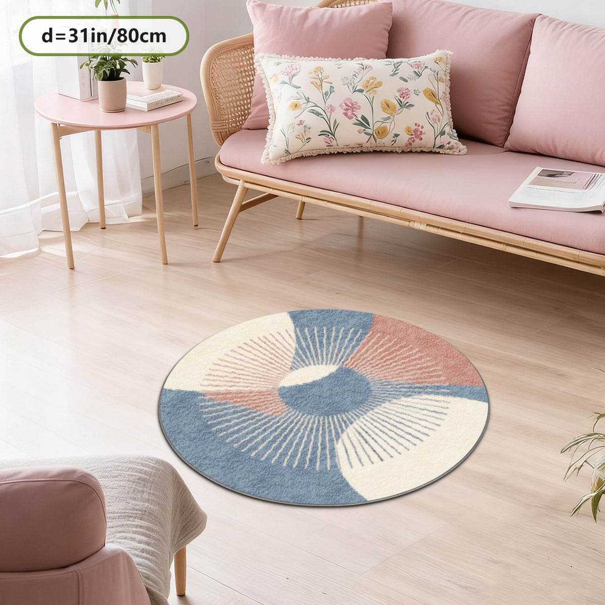 Tapis rond pastel à éventails, bleu gris et rose poudré
