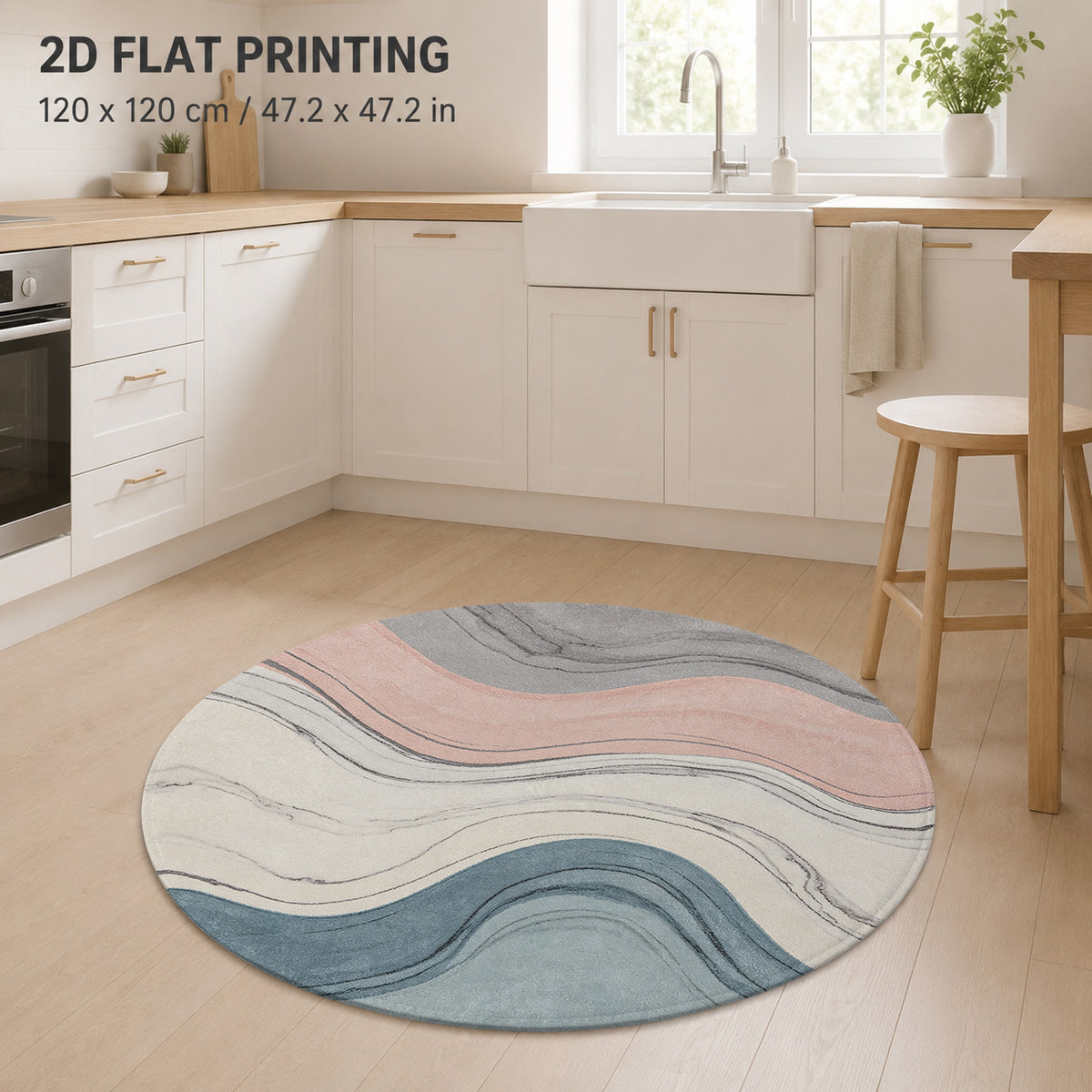 Tapis rond pastel à ondes rose et bleu-gris, 60 à 120 cm
