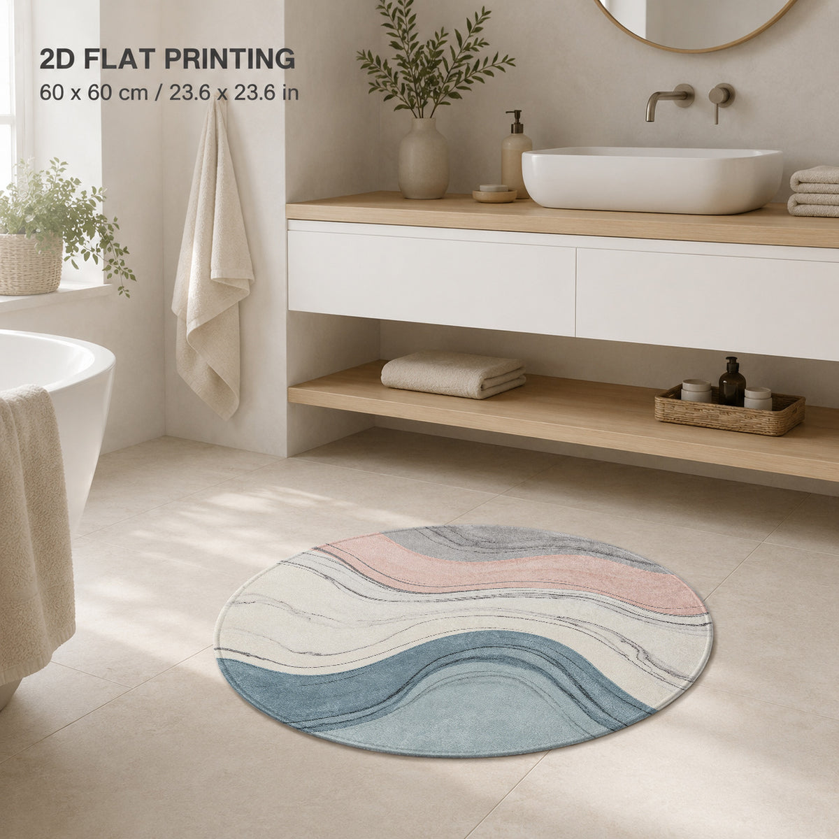 Tapis rond pastel à ondes rose et bleu-gris, 60 à 120 cm
