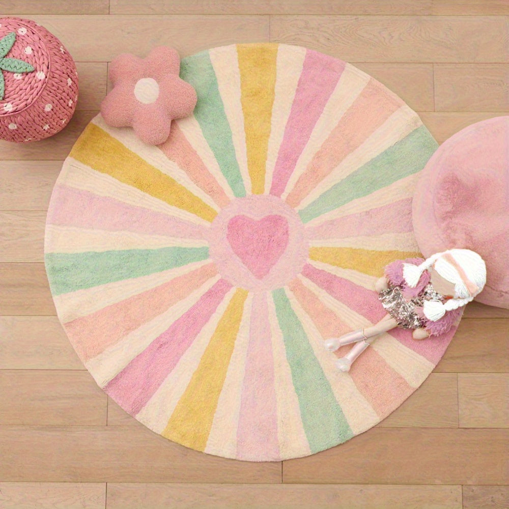 Tapis rond pastel à rayons arc-en-ciel et cœur rose central