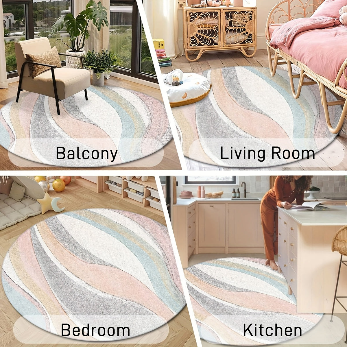 Tapis rond aux vagues pastel rose, grises et crème, Ø 200