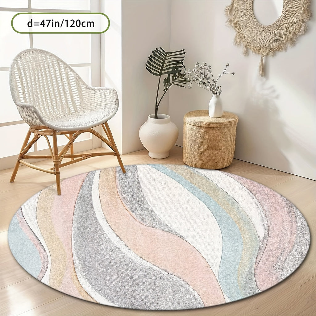 Tapis rond aux vagues pastel rose, grises et crème, Ø 200