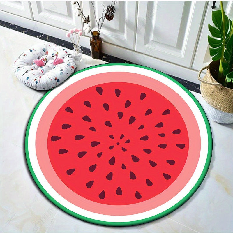 Tapis rond motif pastèque, rouge vif, écorce verte et pépins