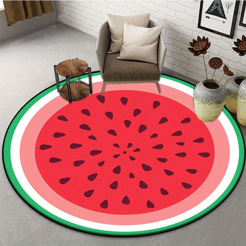 Tapis rond motif pastèque, rouge vif, écorce verte et pépins