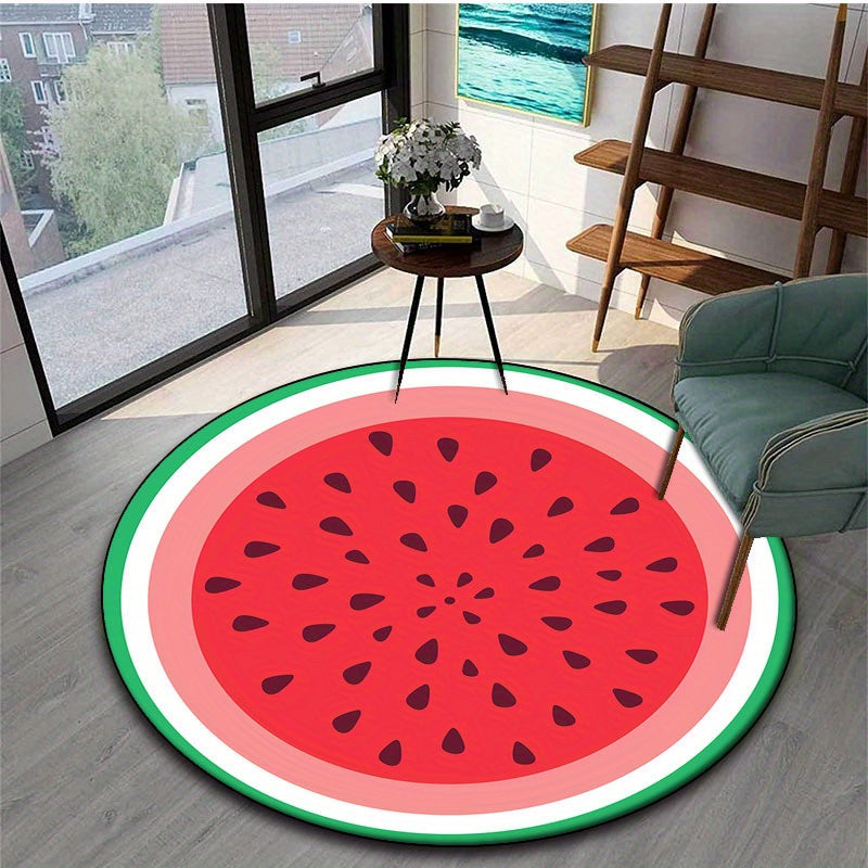 Tapis rond motif pastèque, rouge vif, écorce verte et pépins