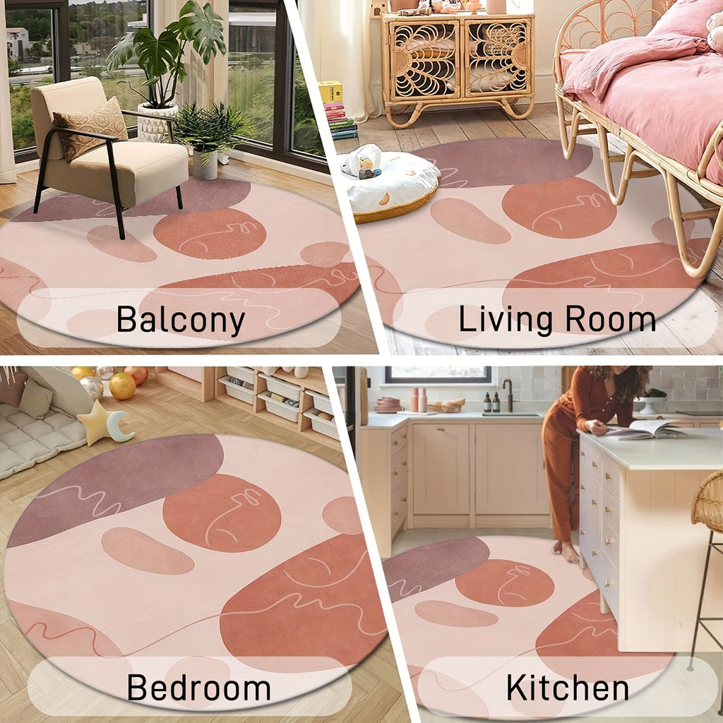 Tapis rond motif galets, rose poudré, prune et terracotta