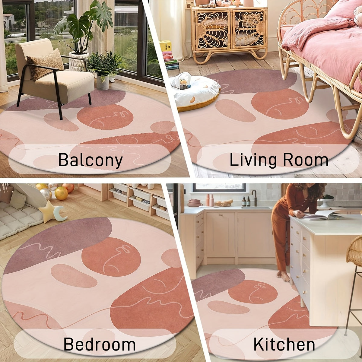 Tapis rond motif galets, rose poudré, prune et terracotta