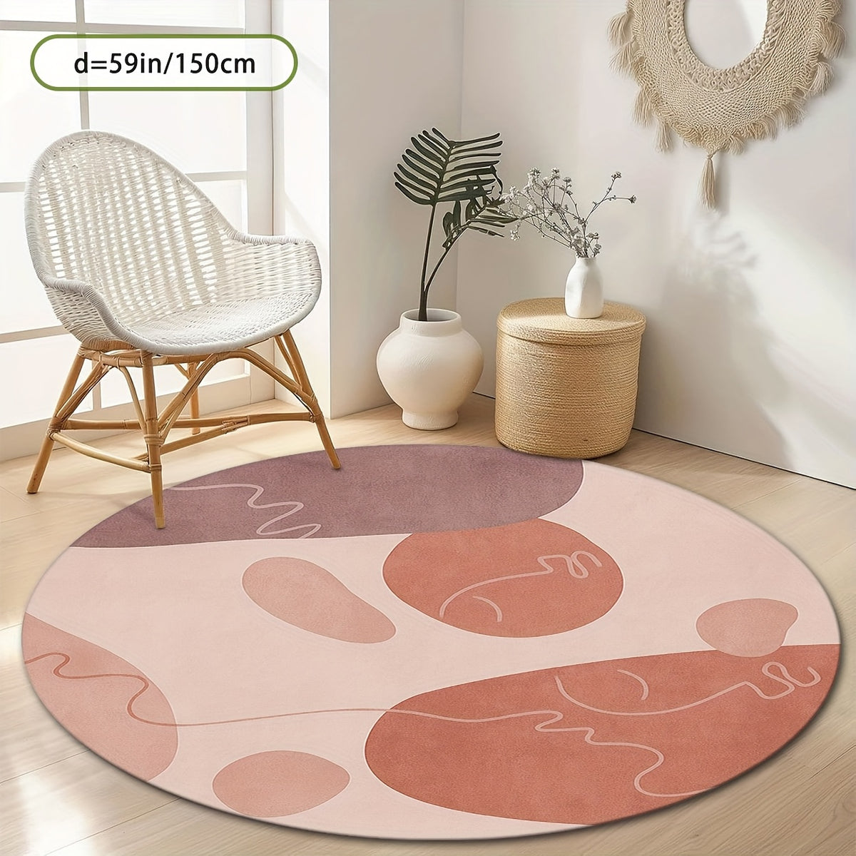 Tapis rond motif galets, rose poudré, prune et terracotta