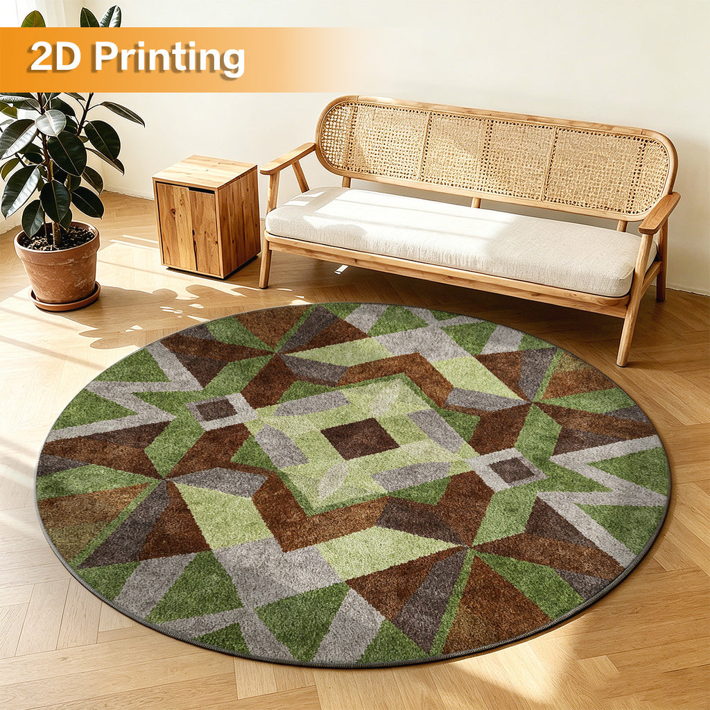 Tapis rond patchwork vert olive et brun cacao, Ø 80 à 200 cm