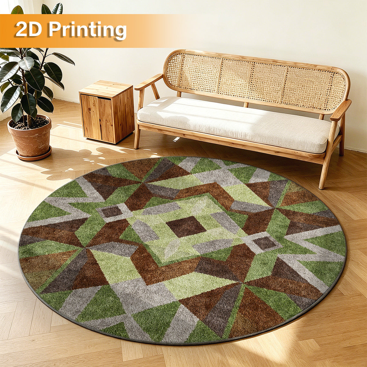 Tapis rond patchwork vert olive et brun cacao, Ø 80 à 200 cm