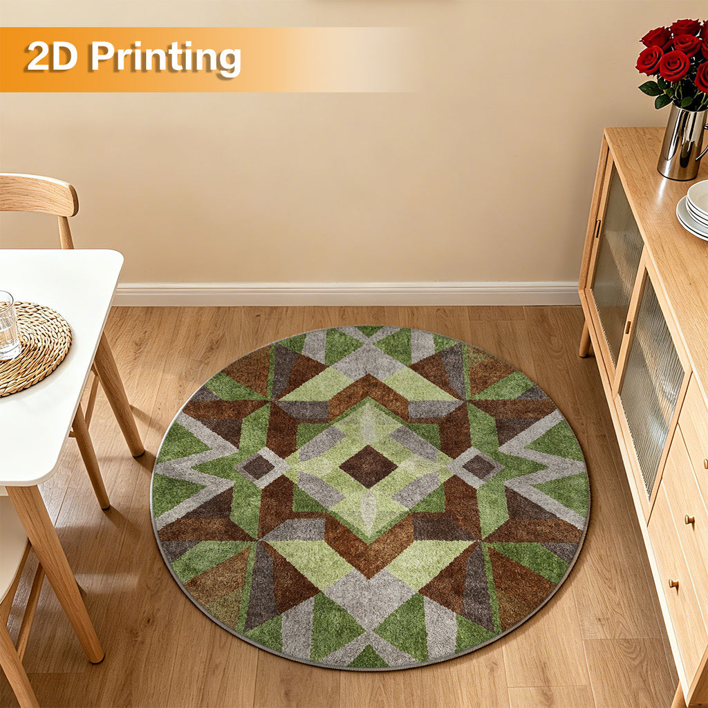 Tapis rond patchwork vert olive et brun cacao, Ø 80 à 200 cm