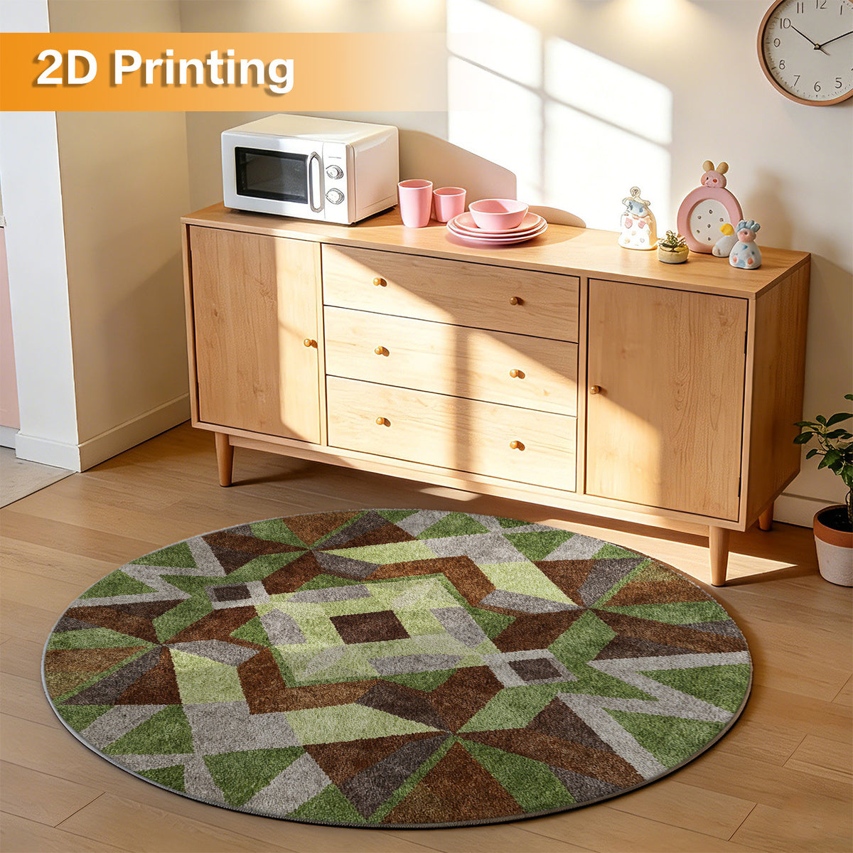 Tapis rond patchwork vert olive et brun cacao, Ø 80 à 200 cm