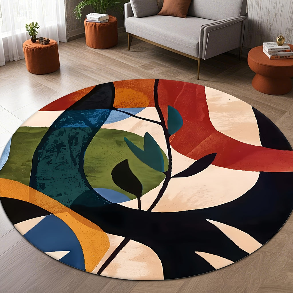 Tapis rond peinture abstraite noire, rouge brique et olive