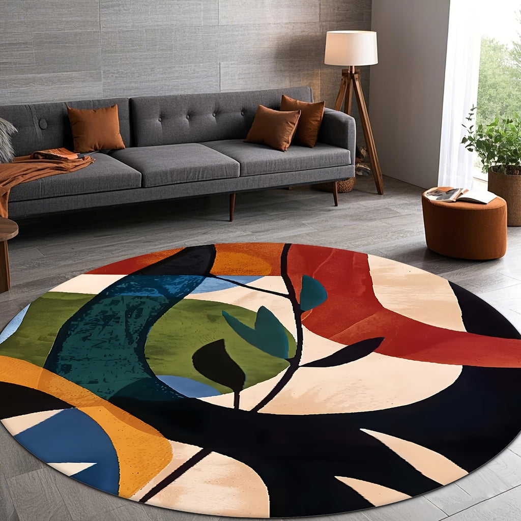 Tapis rond peinture abstraite noire, rouge brique et olive