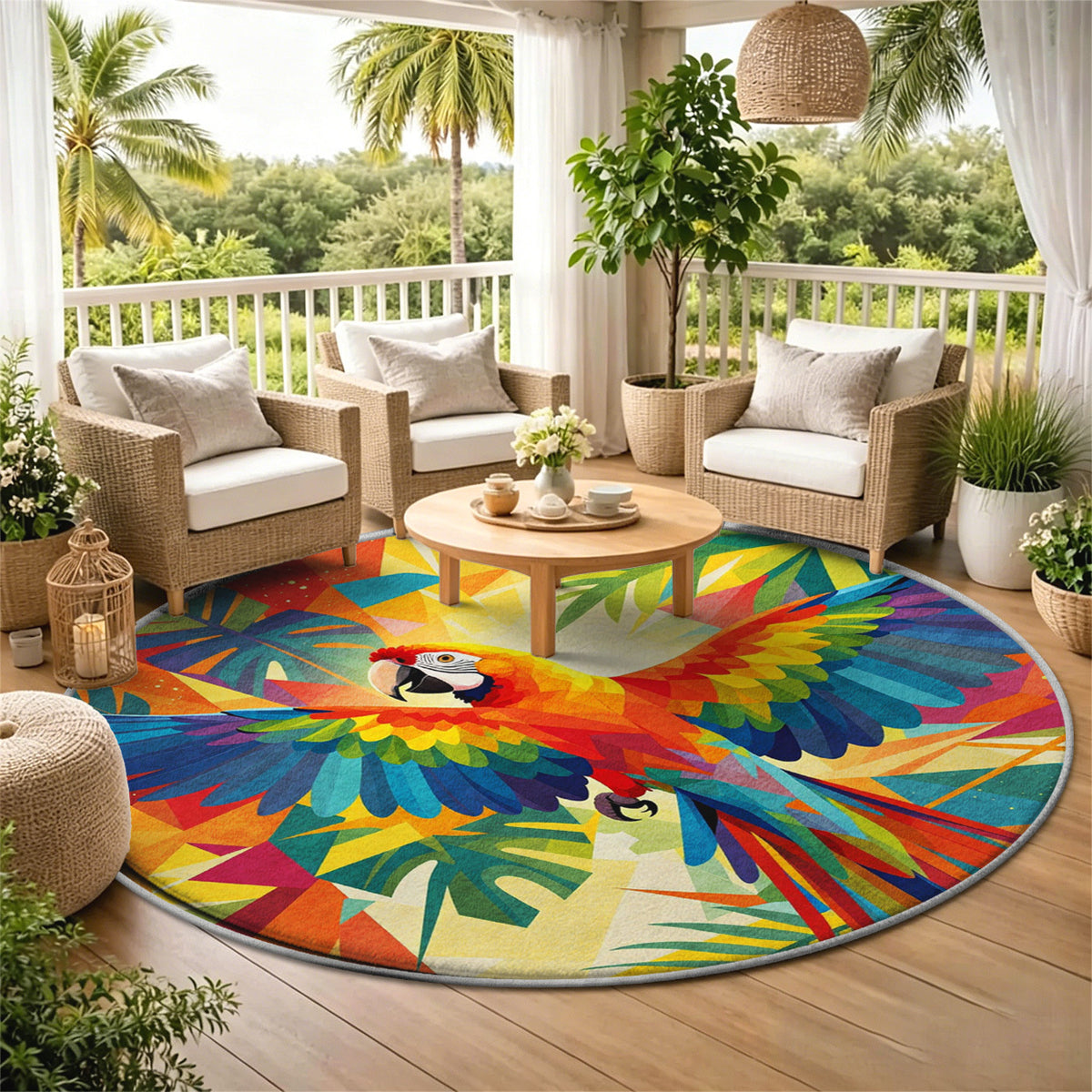 Tapis rond perroquet géométrique multicolore, 4 diamètres