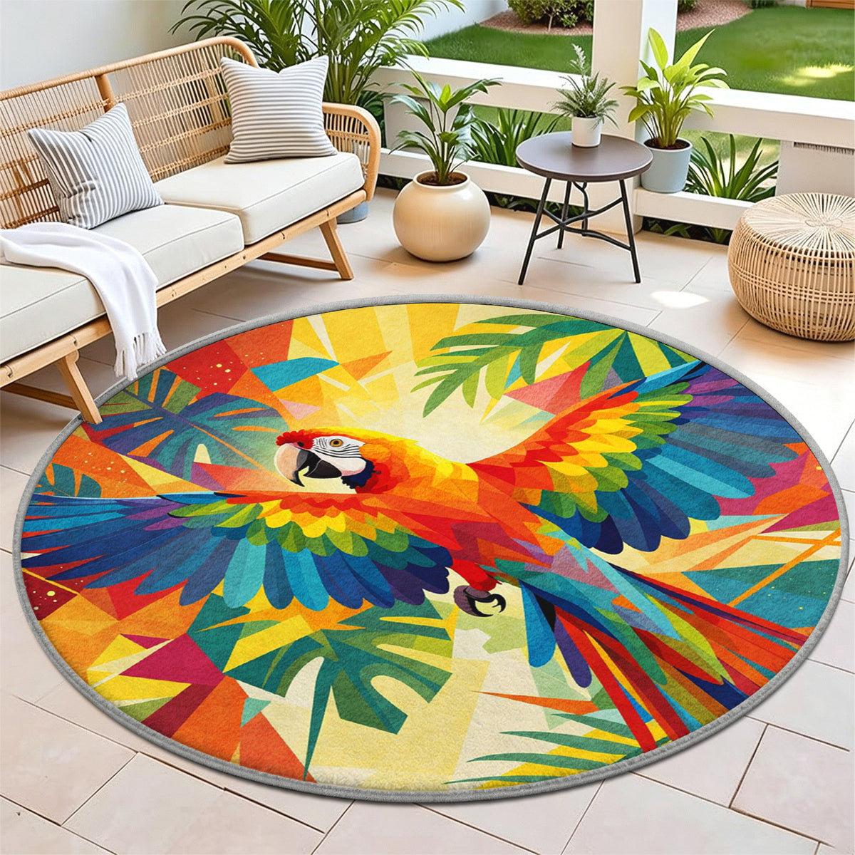 Tapis rond perroquet géométrique multicolore, 4 diamètres