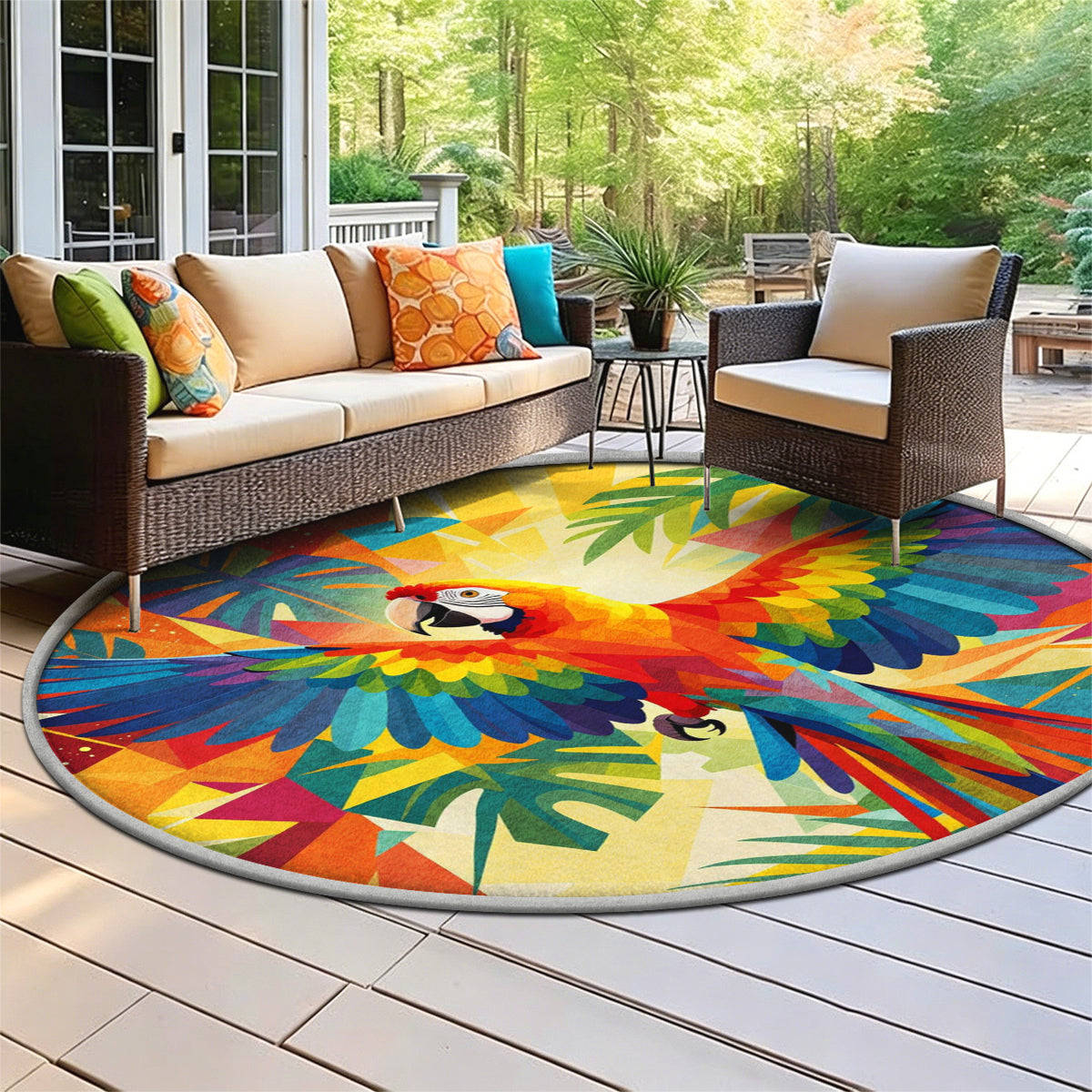 Tapis rond perroquet géométrique multicolore, 4 diamètres