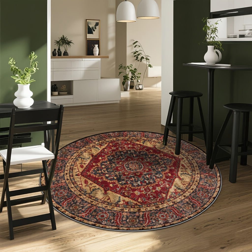 Tapis rond bleu ardoise et rouge à losange central, Ø 160 cm