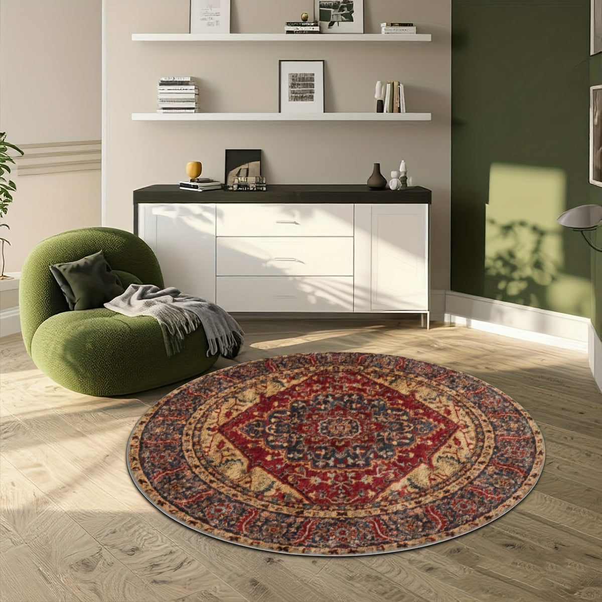Tapis rond bleu ardoise et rouge à losange central, Ø 160 cm