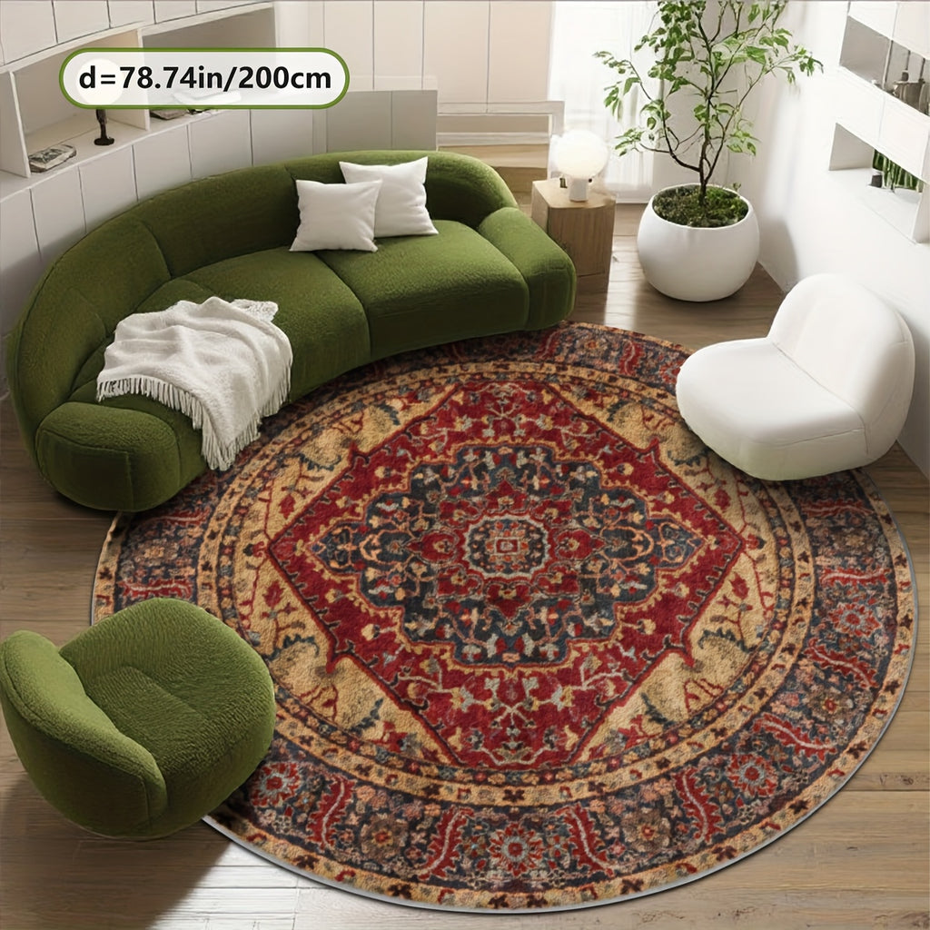 Tapis rond bleu ardoise et rouge à losange central, Ø 160 cm